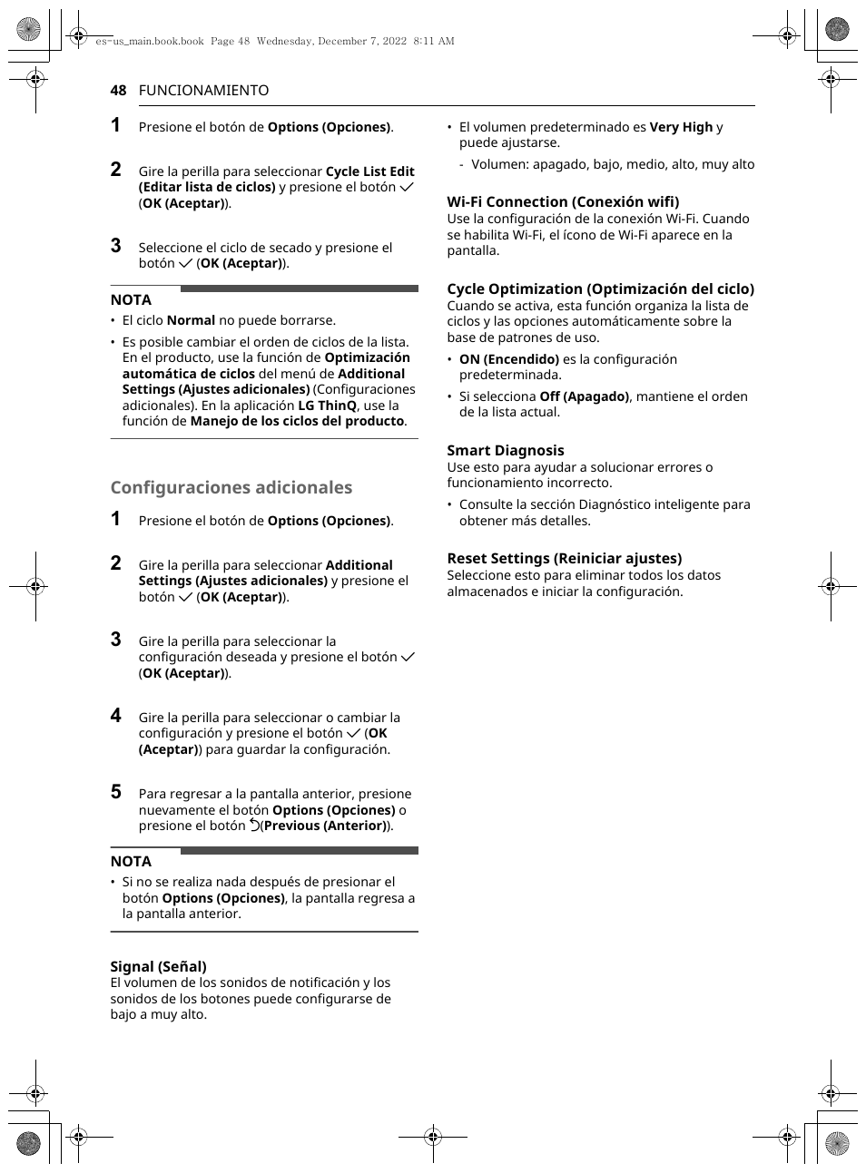 Configuraciones adicionales | LG 27 Inch Electric Smart Dryer Owners Guide User Manual | Page 110 / 132