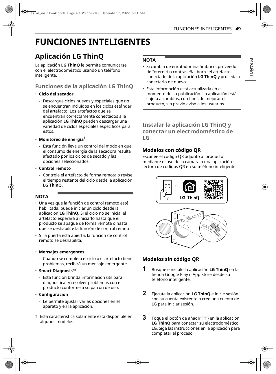 Funciones inteligentes, Aplicación lg thinq, Funciones de la aplicación lg thinq | LG 27 Inch Electric Smart Dryer Owners Guide User Manual | Page 111 / 132