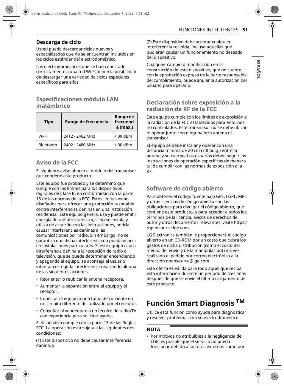 Función smart diagnosis, Software de código abierto | LG 27 Inch Electric Smart Dryer Owners Guide User Manual | Page 113 / 132