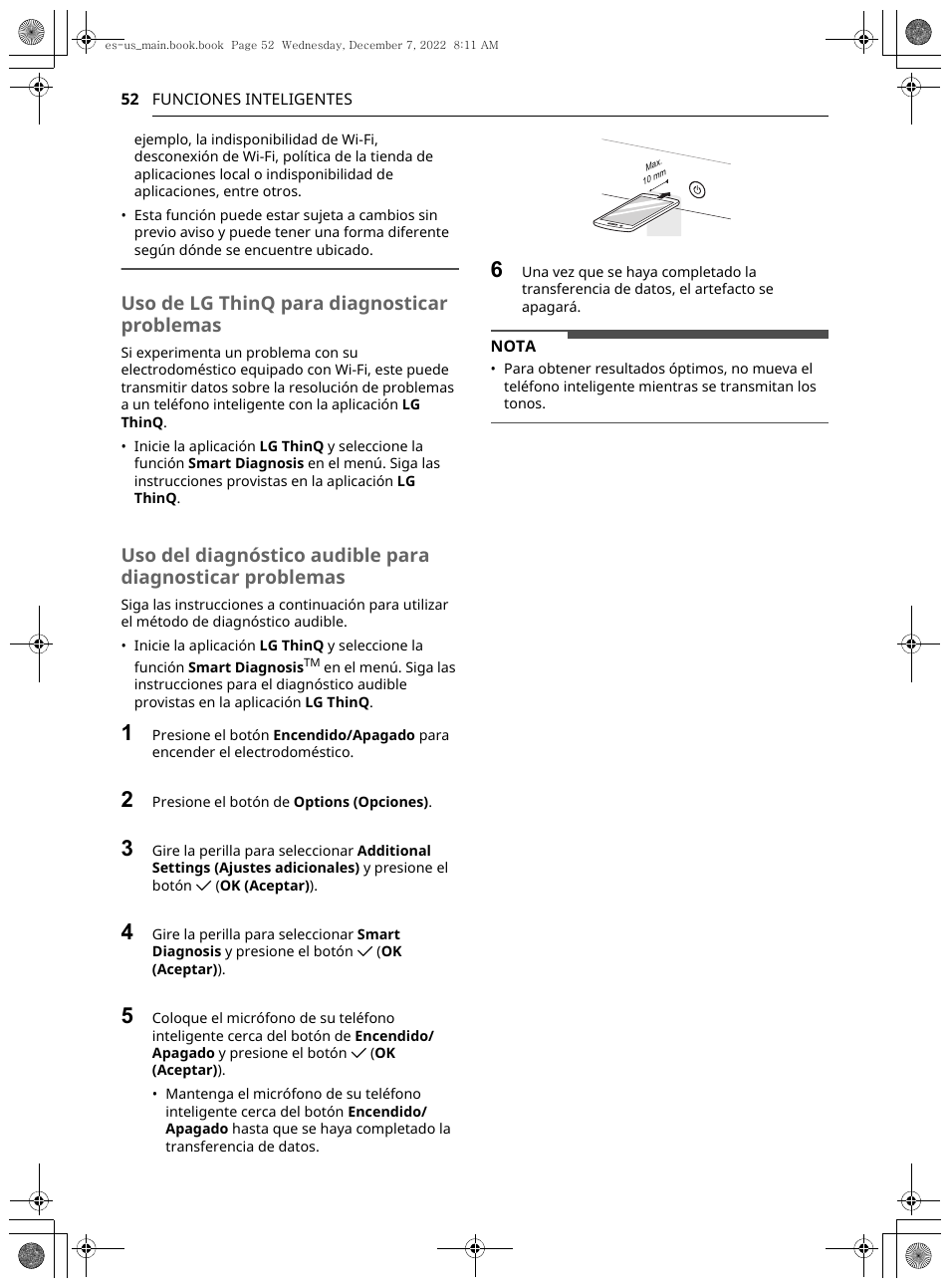 Uso de lg thinq para diagnosticar problemas | LG 27 Inch Electric Smart Dryer Owners Guide User Manual | Page 114 / 132