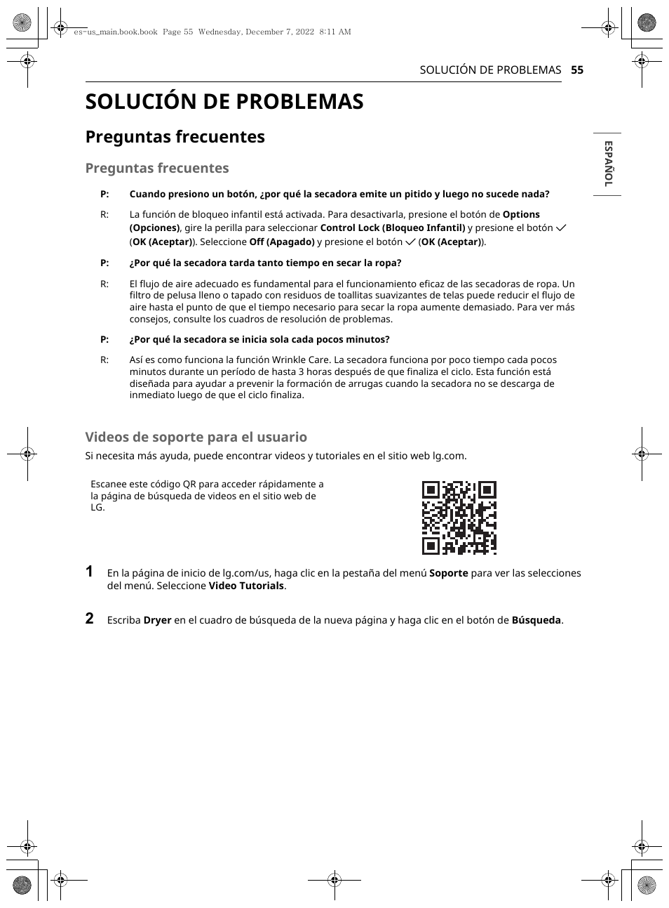 Solución de problemas, Preguntas frecuentes | LG 27 Inch Electric Smart Dryer Owners Guide User Manual | Page 117 / 132