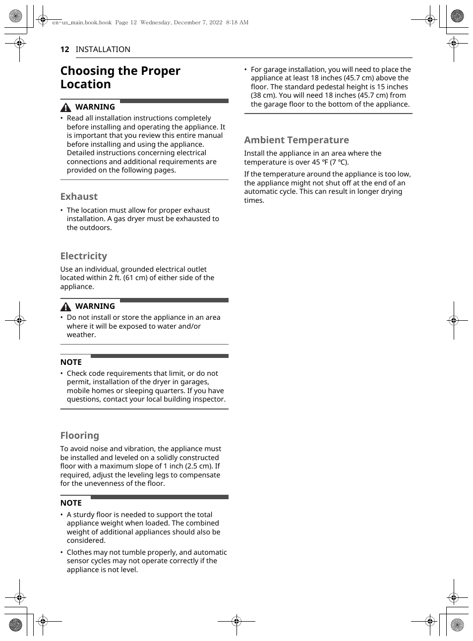 Choosing the proper location, Exhaust, Electricity | Flooring, Ambient temperature | LG 27 Inch Electric Smart Dryer Owners Guide User Manual | Page 12 / 132