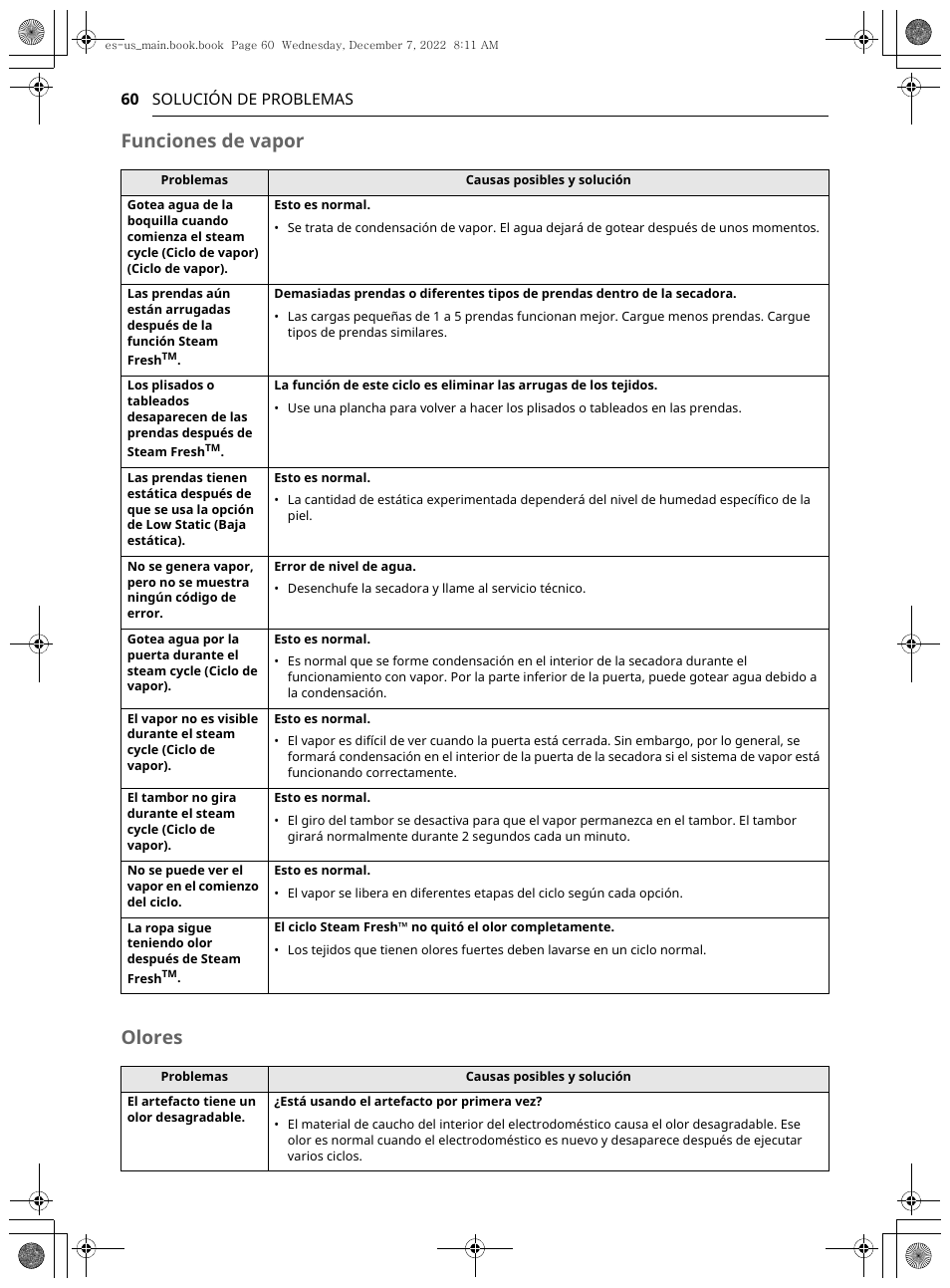 Funciones de vapor olores | LG 27 Inch Electric Smart Dryer Owners Guide User Manual | Page 122 / 132