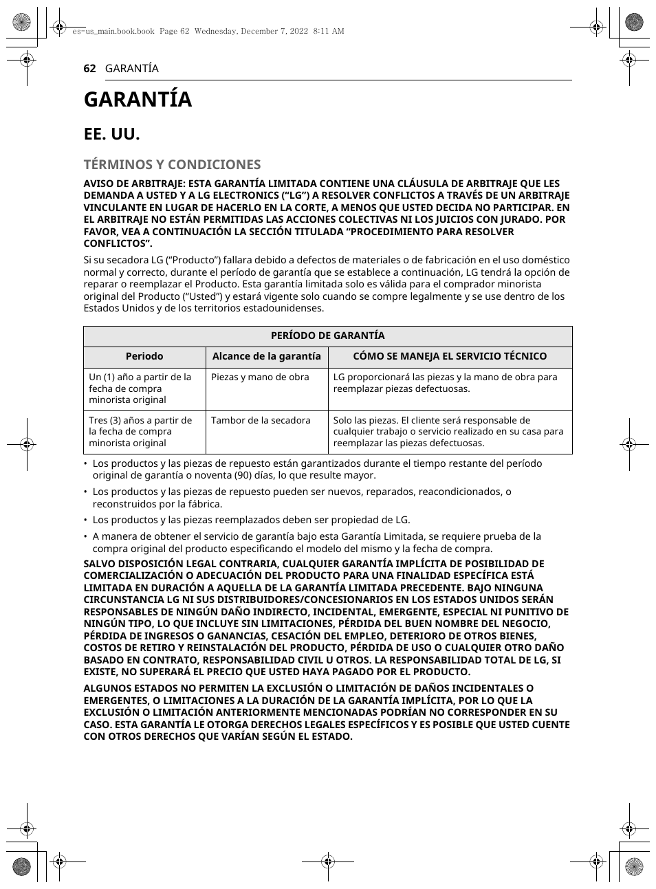 Garantía, Ee. uu, Términos y condiciones | LG 27 Inch Electric Smart Dryer Owners Guide User Manual | Page 124 / 132