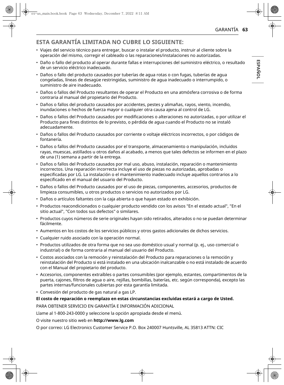 Esta garantía limitada no cubre lo siguiente | LG 27 Inch Electric Smart Dryer Owners Guide User Manual | Page 125 / 132