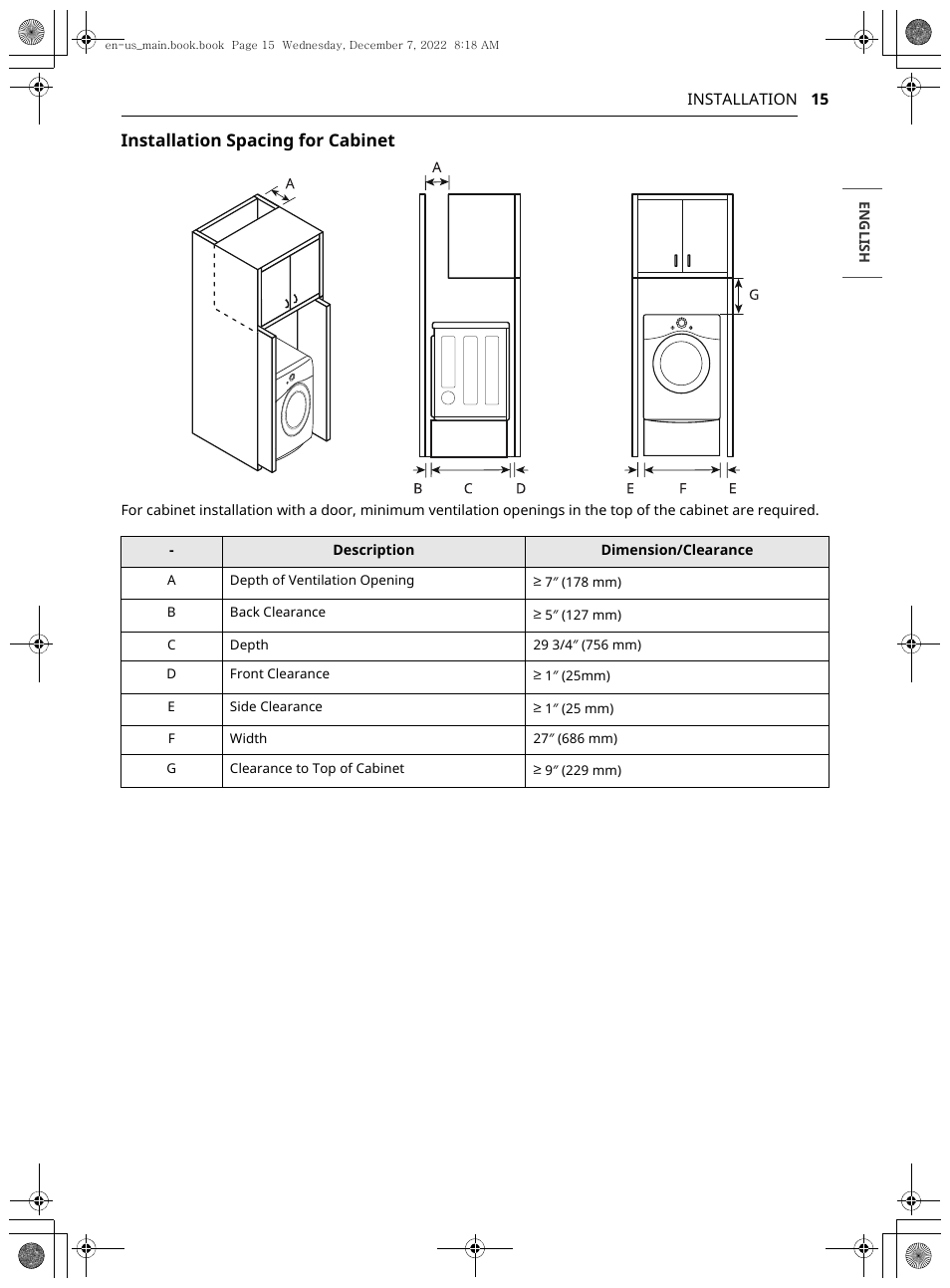 Installation spacing for cabinet | LG 27 Inch Electric Smart Dryer Owners Guide User Manual | Page 15 / 132