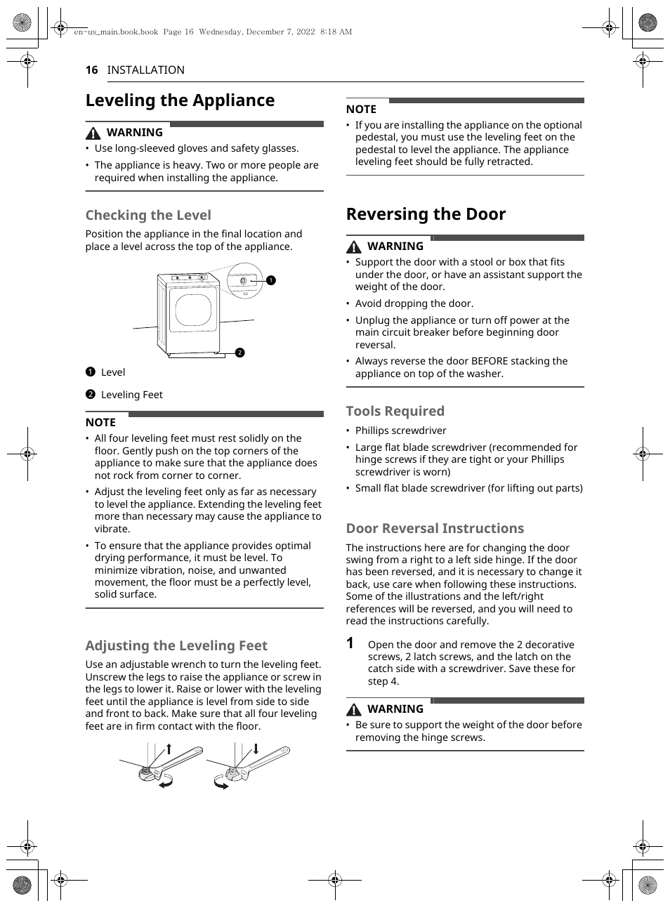 Leveling the appliance, Reversing the door, Checking the level | Adjusting the leveling feet, Tools required, Door reversal instructions | LG 27 Inch Electric Smart Dryer Owners Guide User Manual | Page 16 / 132