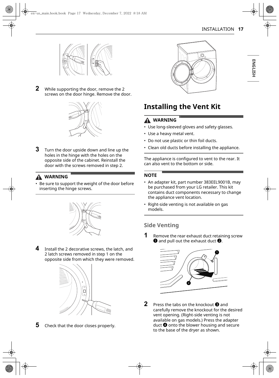 Installing the vent kit, Side venting | LG 27 Inch Electric Smart Dryer Owners Guide User Manual | Page 17 / 132