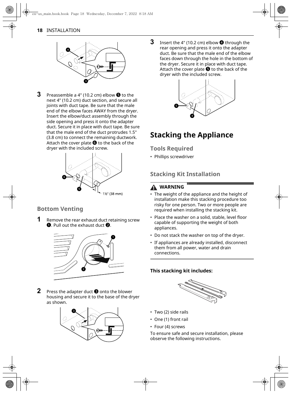 Stacking the appliance, Bottom venting, Tools required | Stacking kit installation | LG 27 Inch Electric Smart Dryer Owners Guide User Manual | Page 18 / 132