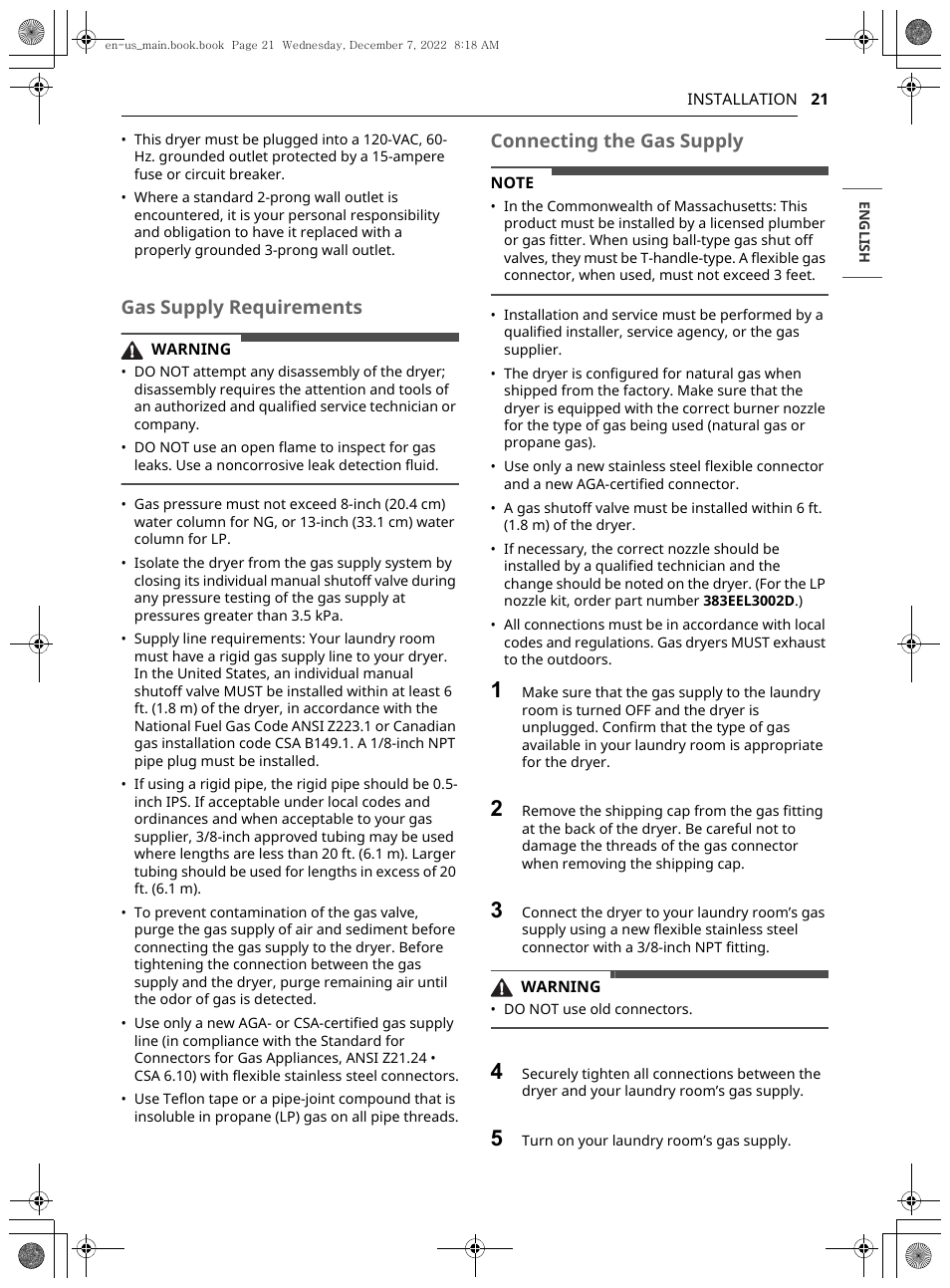Gas supply requirements, Connecting the gas supply | LG 27 Inch Electric Smart Dryer Owners Guide User Manual | Page 21 / 132