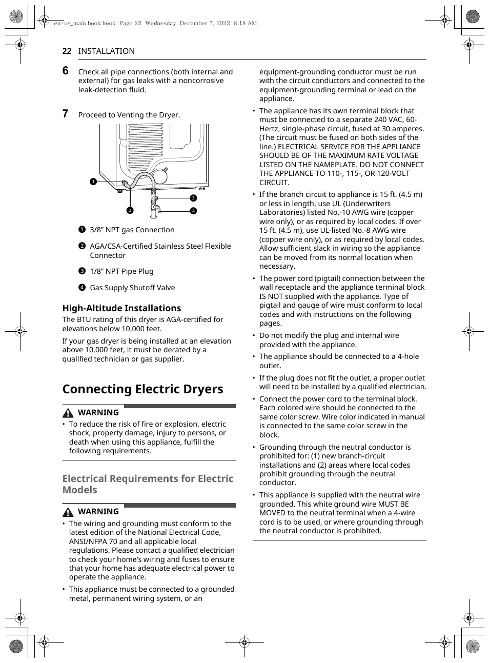 Connecting electric dryers, Electrical requirements for electric models | LG 27 Inch Electric Smart Dryer Owners Guide User Manual | Page 22 / 132