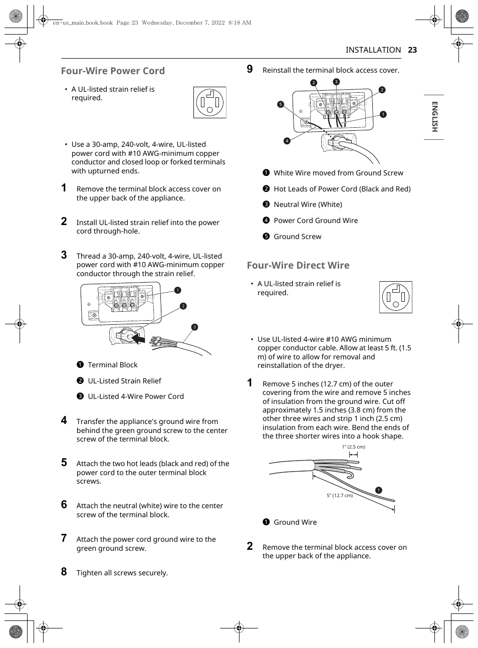 Four-wire power cord, Four-wire direct wire | LG 27 Inch Electric Smart Dryer Owners Guide User Manual | Page 23 / 132