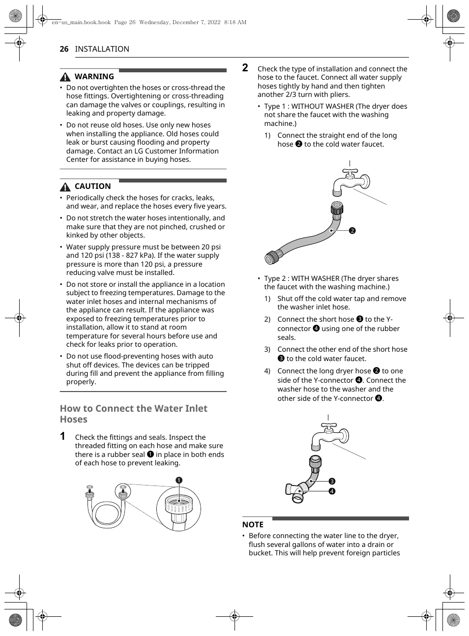 How to connect the water inlet hoses | LG 27 Inch Electric Smart Dryer Owners Guide User Manual | Page 26 / 132