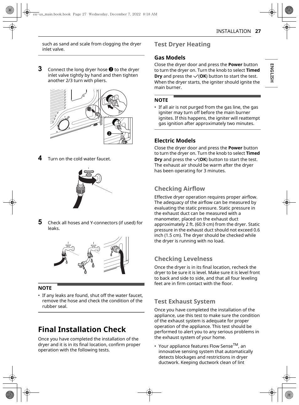 Final installation check, Test dryer heating, Checking airflow | Checking levelness, Test exhaust system | LG 27 Inch Electric Smart Dryer Owners Guide User Manual | Page 27 / 132