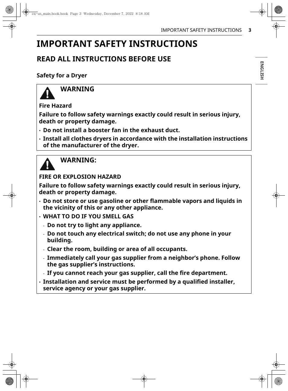 Important safety instructions, Read all instructions before use, Warning | LG 27 Inch Electric Smart Dryer Owners Guide User Manual | Page 3 / 132