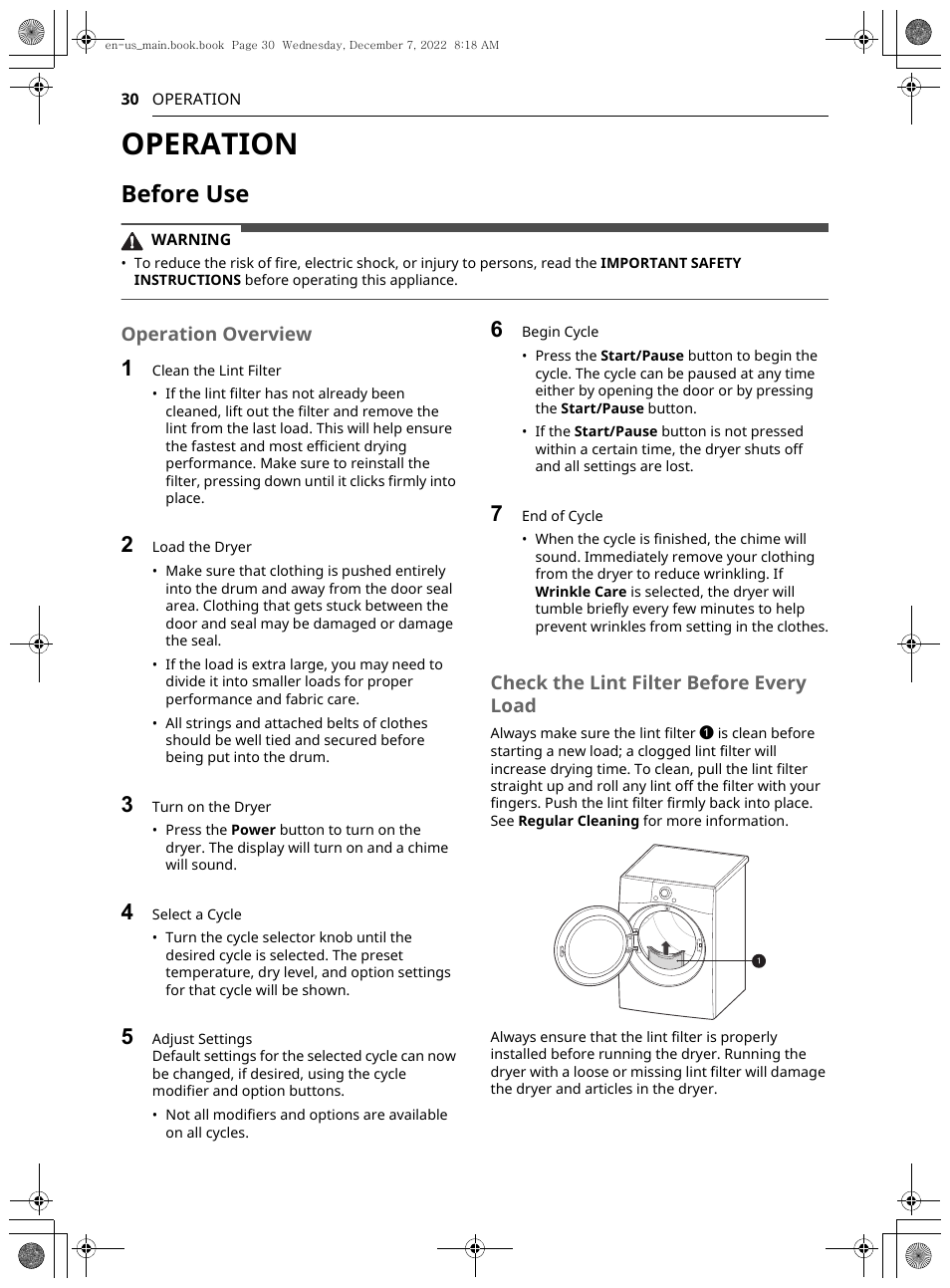 Operation, Before use, Operation overview | Check the lint filter before every load | LG 27 Inch Electric Smart Dryer Owners Guide User Manual | Page 30 / 132