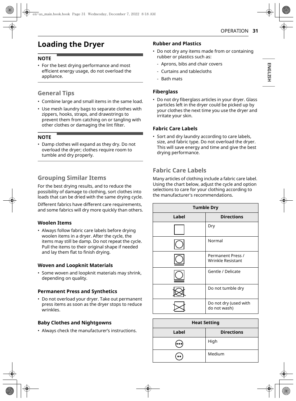 Loading the dryer, General tips, Grouping similar items | Fabric care labels | LG 27 Inch Electric Smart Dryer Owners Guide User Manual | Page 31 / 132