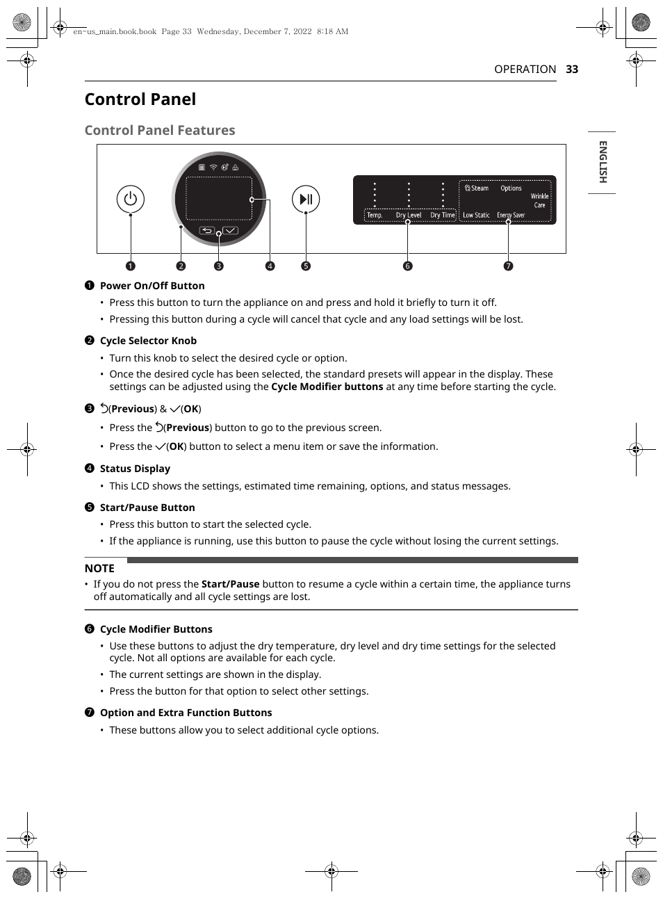 Control panel, Control panel features | LG 27 Inch Electric Smart Dryer Owners Guide User Manual | Page 33 / 132