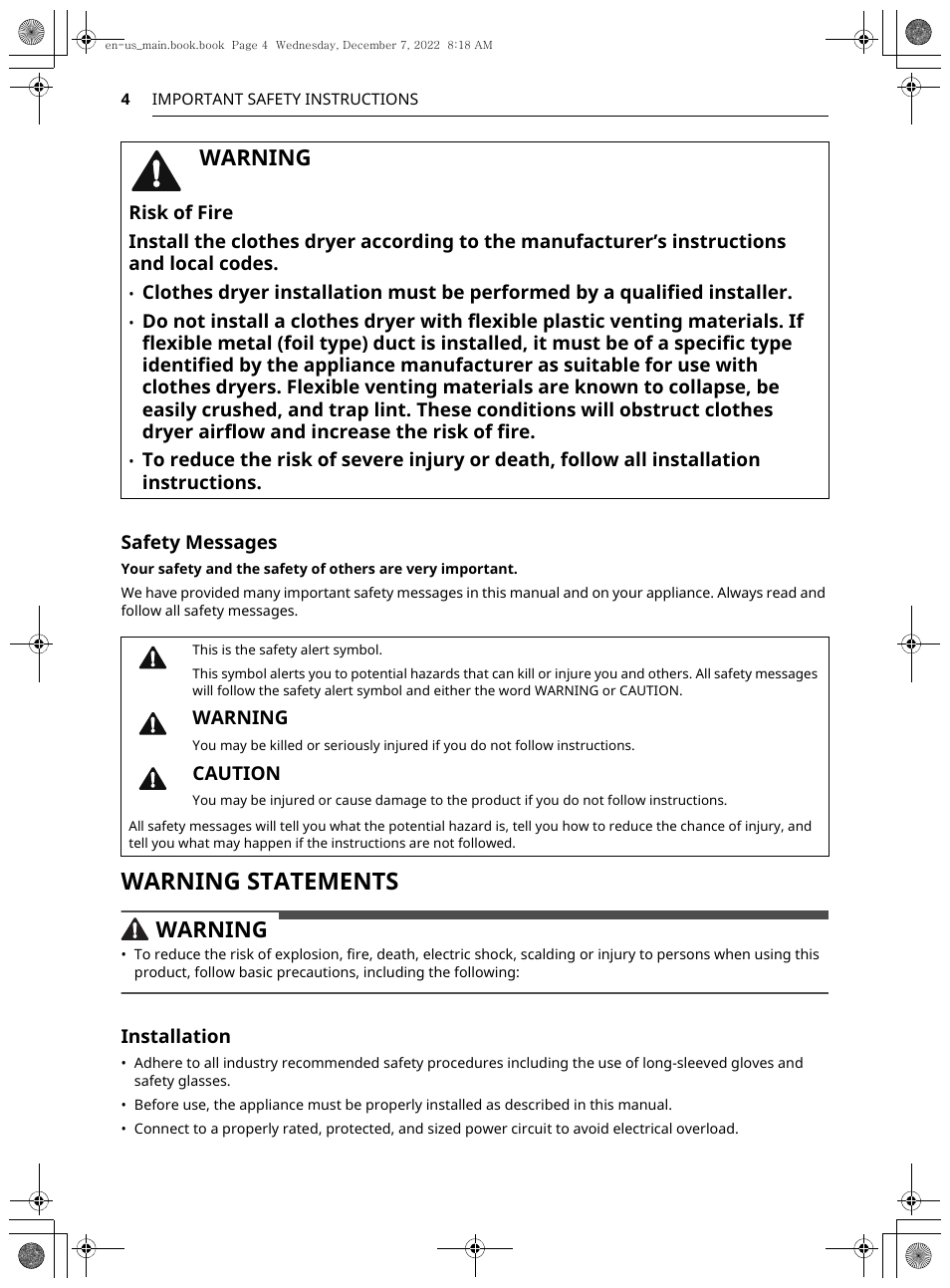 Warning statements, Warning | LG 27 Inch Electric Smart Dryer Owners Guide User Manual | Page 4 / 132