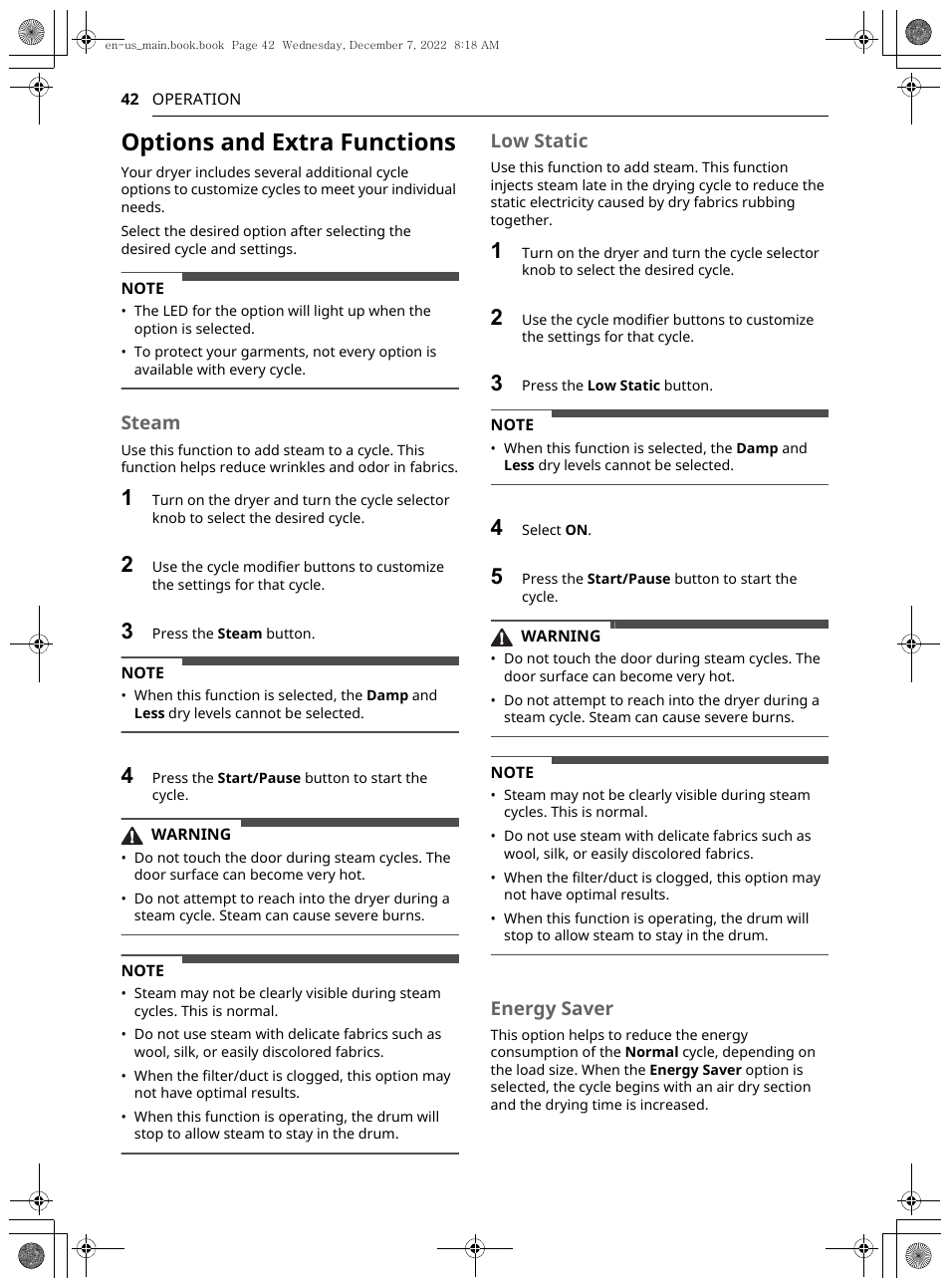 Options and extra functions, Steam, Low static | Energy saver | LG 27 Inch Electric Smart Dryer Owners Guide User Manual | Page 42 / 132