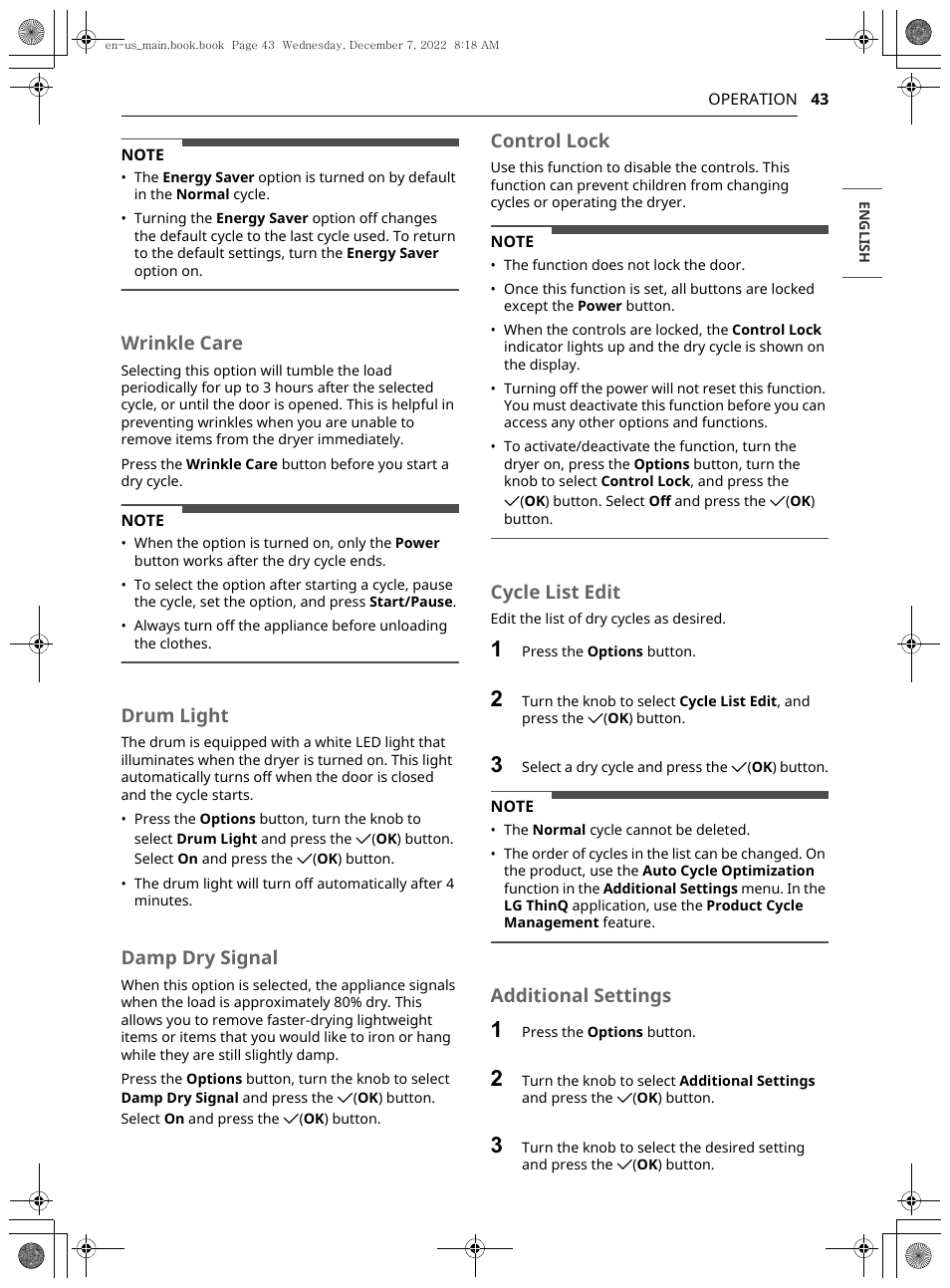 Wrinkle care, Drum light, Damp dry signal | Control lock, Cycle list edit, Additional settings | LG 27 Inch Electric Smart Dryer Owners Guide User Manual | Page 43 / 132