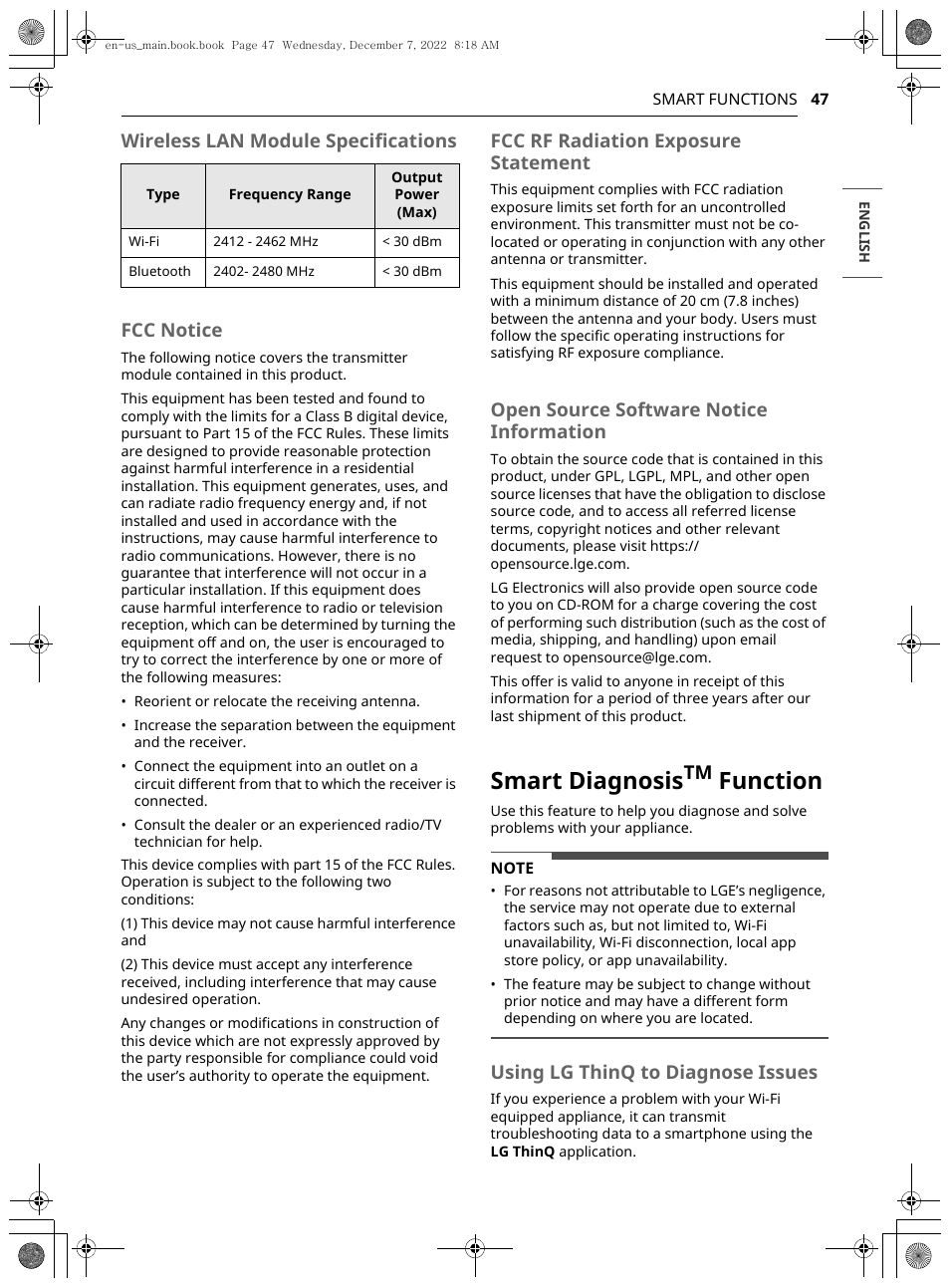 Smart diagnosis, Function, Wireless lan module specifications fcc notice | Fcc rf radiation exposure statement, Open source software notice information, Using lg thinq to diagnose issues | LG 27 Inch Electric Smart Dryer Owners Guide User Manual | Page 47 / 132