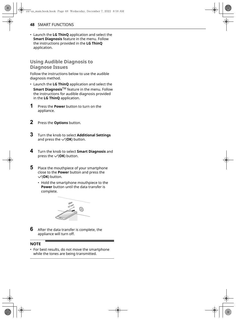 Using audible diagnosis to diagnose issues | LG 27 Inch Electric Smart Dryer Owners Guide User Manual | Page 48 / 132