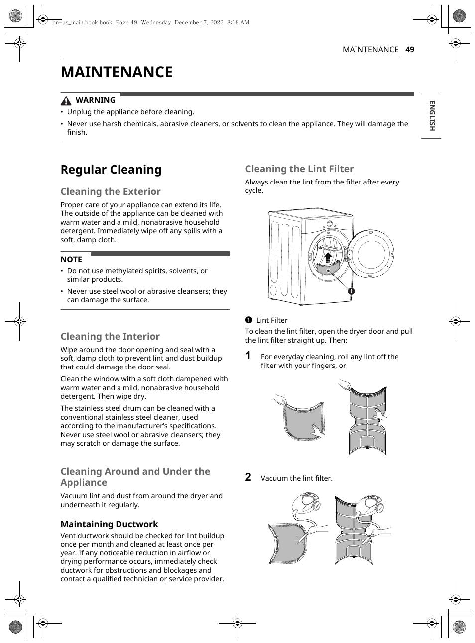 Maintenance, Regular cleaning, Cleaning the exterior | Cleaning the interior, Cleaning around and under the appliance, Cleaning the lint filter | LG 27 Inch Electric Smart Dryer Owners Guide User Manual | Page 49 / 132