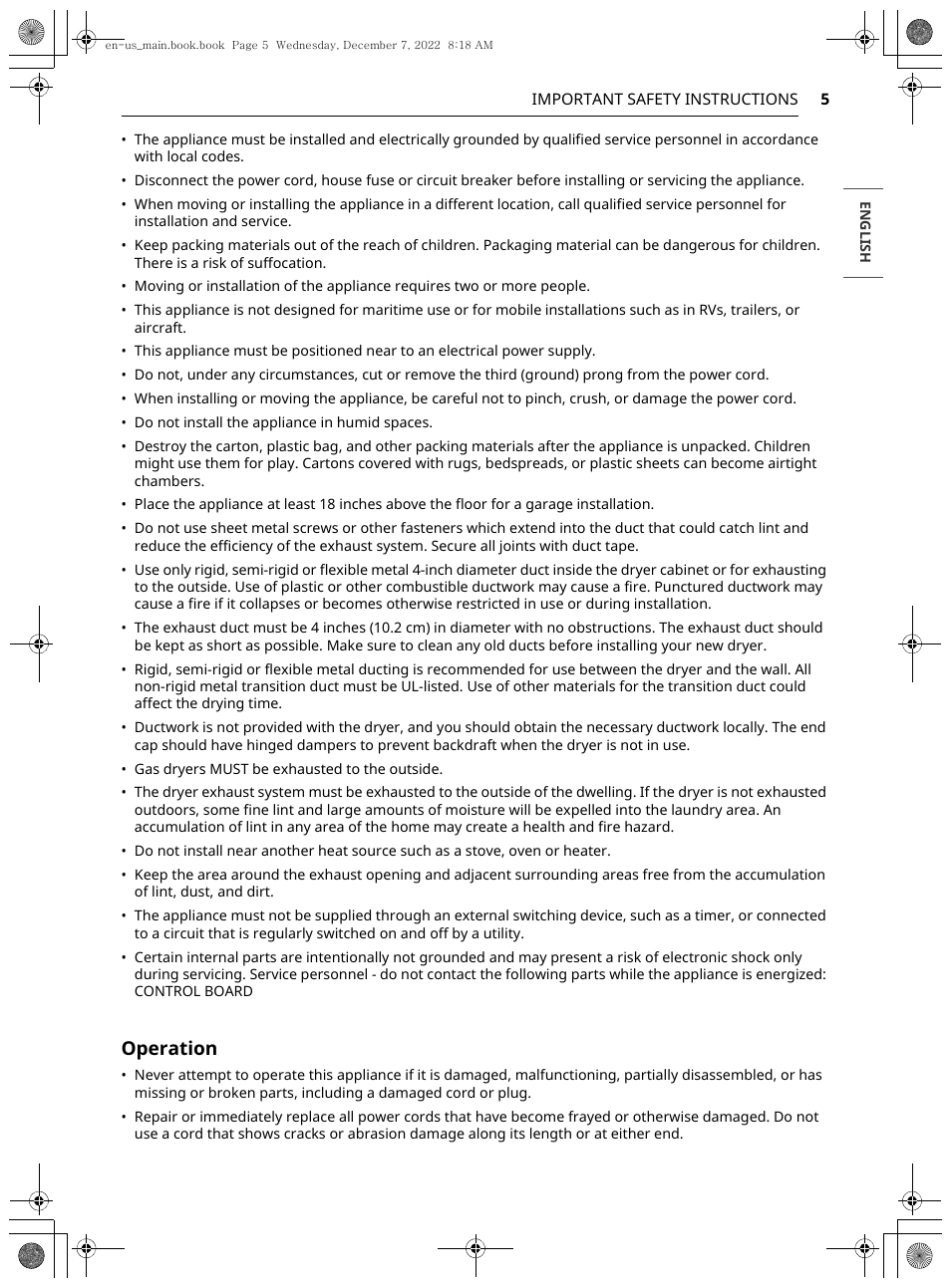 Operation | LG 27 Inch Electric Smart Dryer Owners Guide User Manual | Page 5 / 132