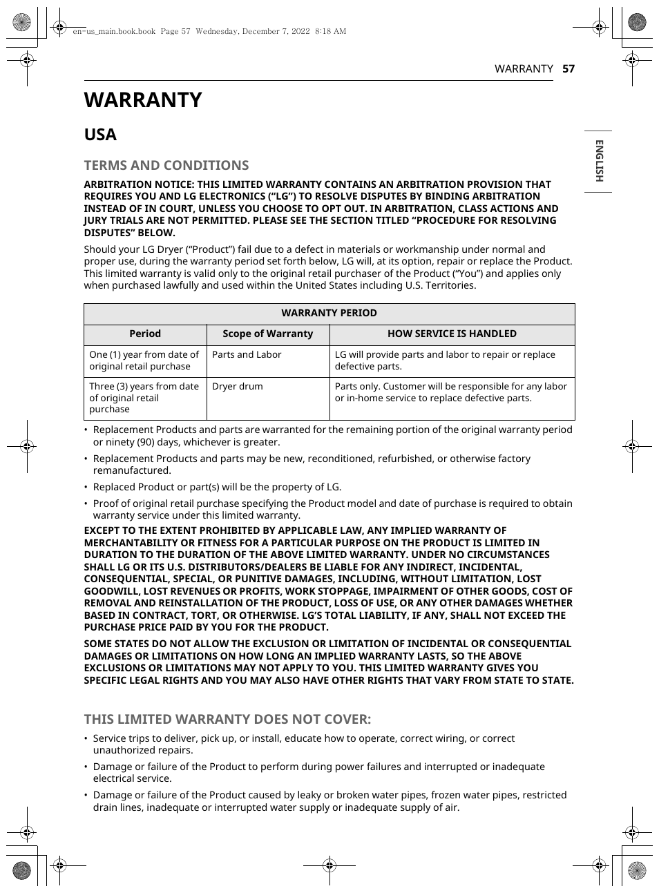 Warranty, Terms and conditions, This limited warranty does not cover | LG 27 Inch Electric Smart Dryer Owners Guide User Manual | Page 57 / 132