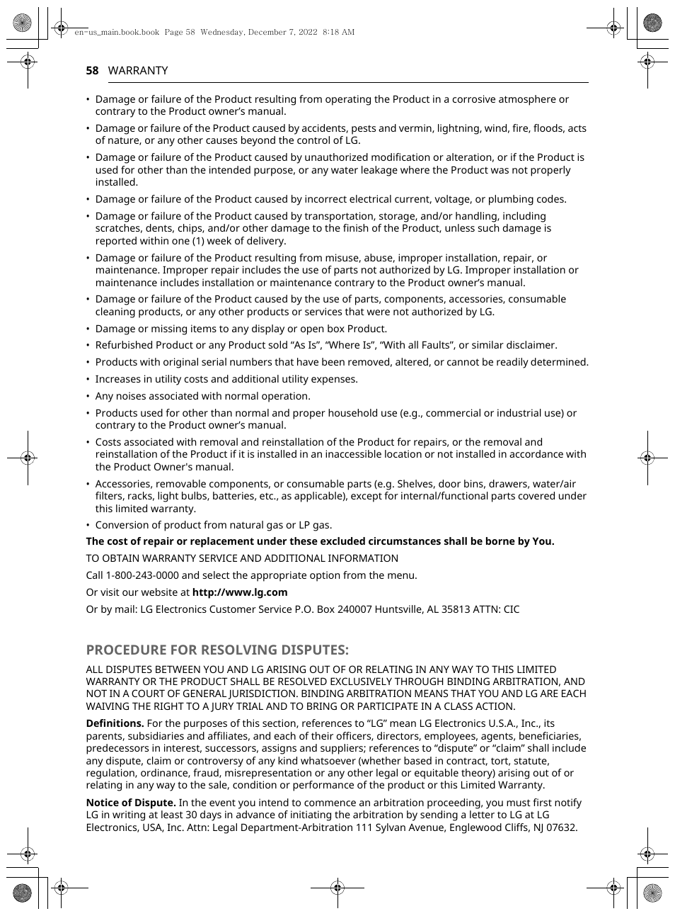 Procedure for resolving disputes | LG 27 Inch Electric Smart Dryer Owners Guide User Manual | Page 58 / 132