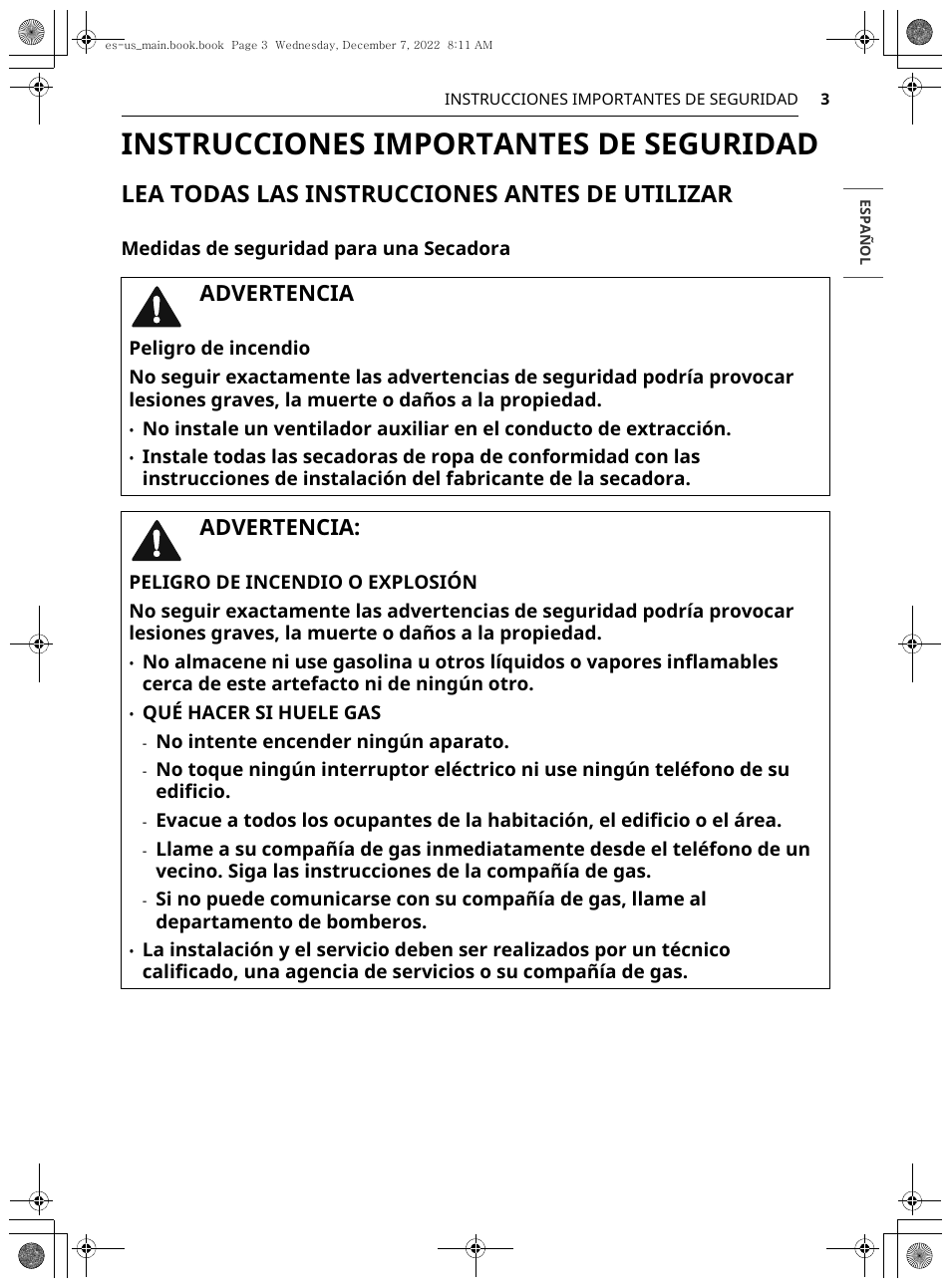 Instrucciones importantes de seguridad, Lea todas las instrucciones antes de utilizar, Advertencia | LG 27 Inch Electric Smart Dryer Owners Guide User Manual | Page 65 / 132