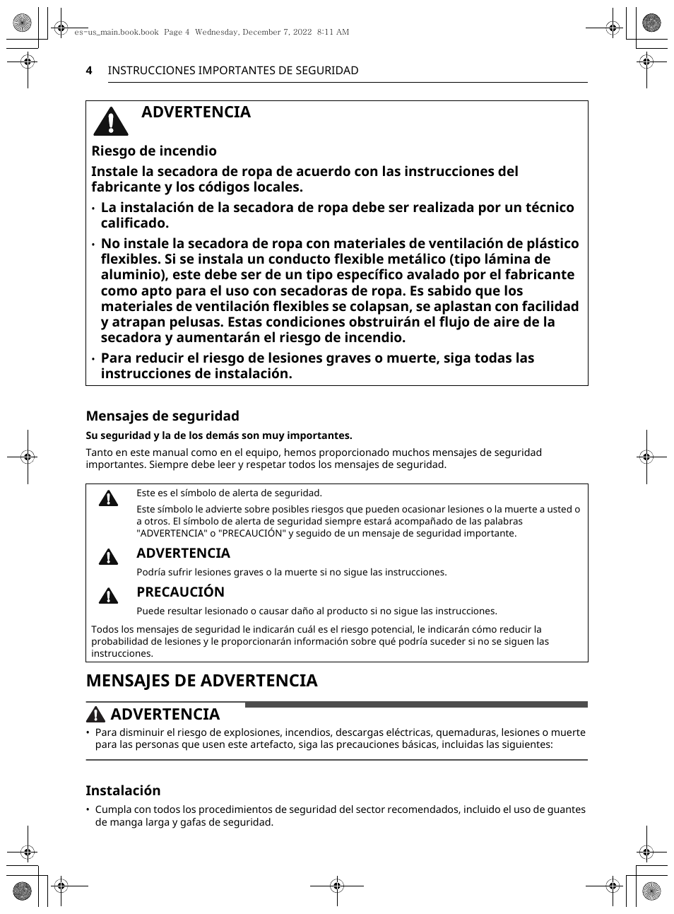Mensajes de advertencia, Advertencia | LG 27 Inch Electric Smart Dryer Owners Guide User Manual | Page 66 / 132