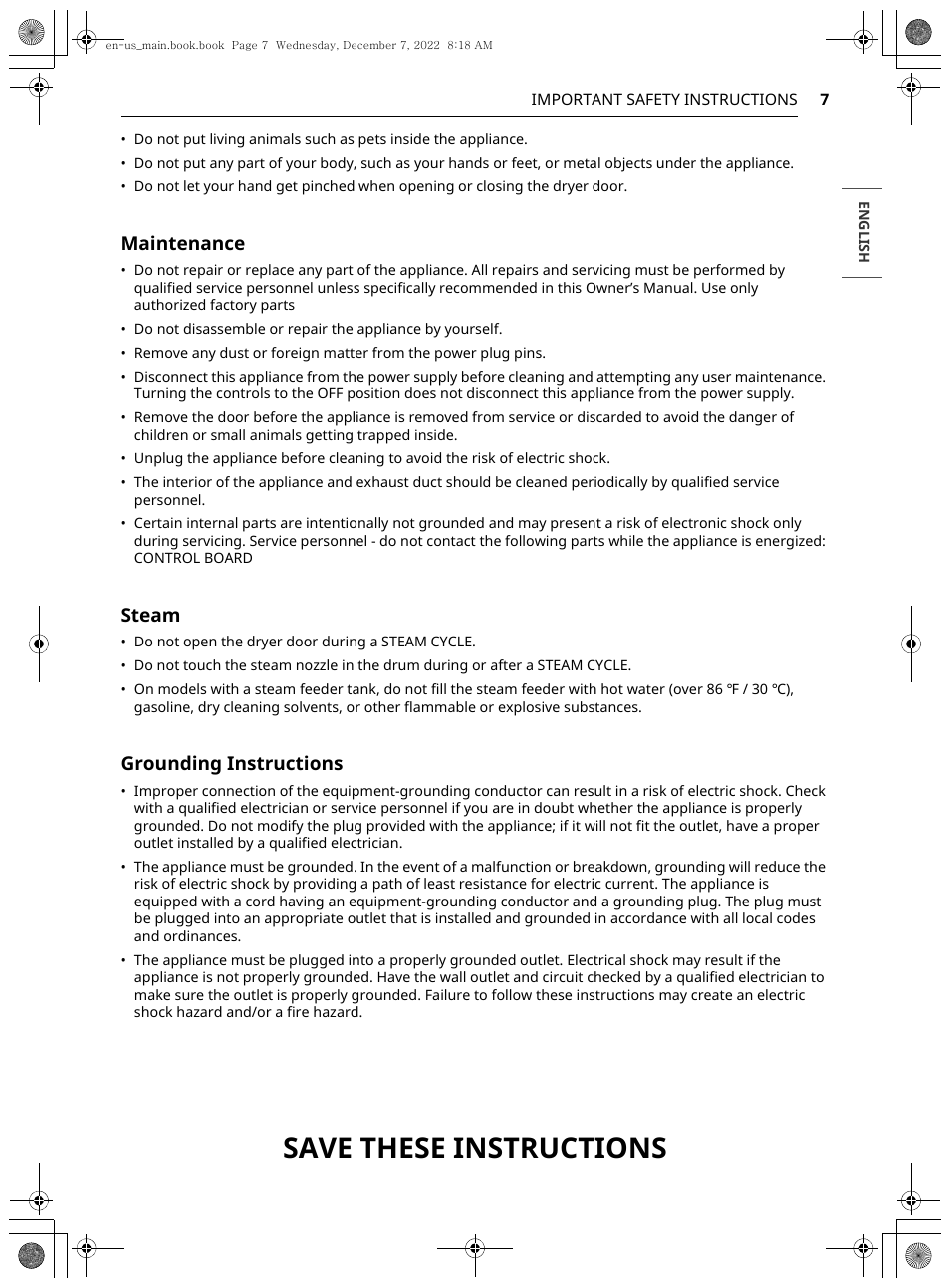 Save these instructions, Maintenance, Steam | Grounding instructions | LG 27 Inch Electric Smart Dryer Owners Guide User Manual | Page 7 / 132