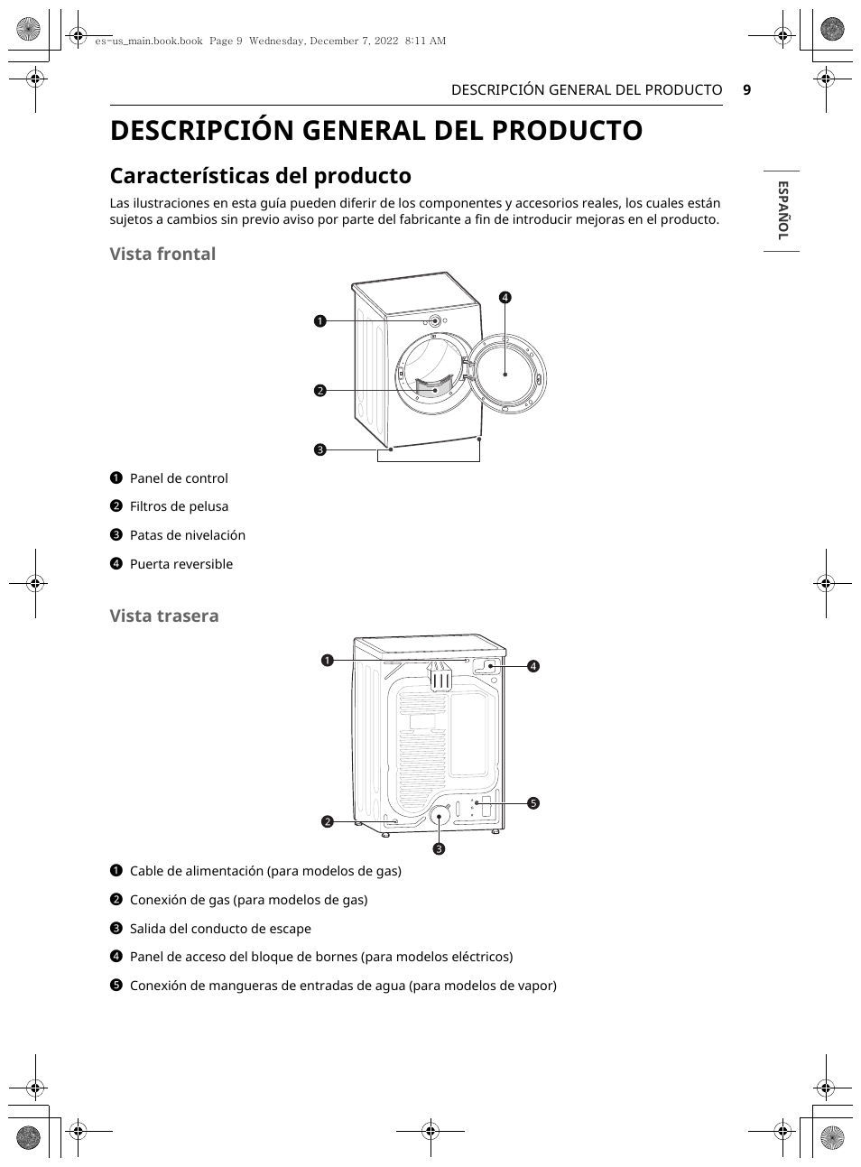 Descripción general del producto, Características del producto, Vista frontal | Vista trasera | LG 27 Inch Electric Smart Dryer Owners Guide User Manual | Page 71 / 132