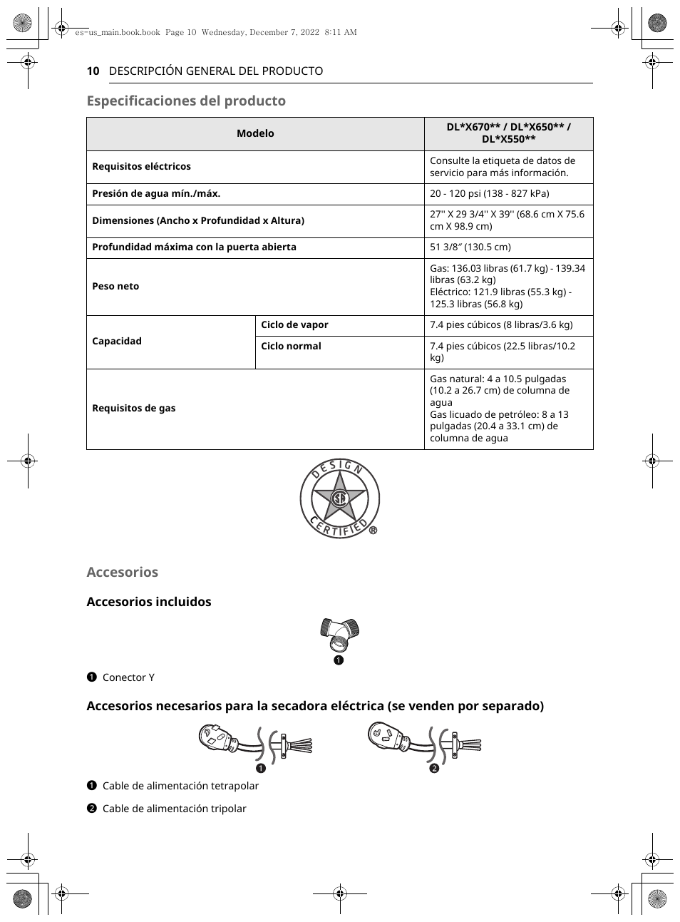 Especificaciones del producto accesorios | LG 27 Inch Electric Smart Dryer Owners Guide User Manual | Page 72 / 132