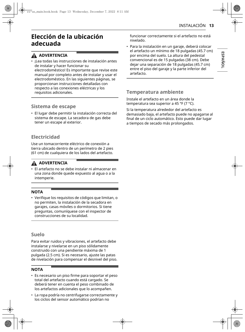 Elección de la ubicación adecuada, Sistema de escape, Electricidad | Suelo, Temperatura ambiente | LG 27 Inch Electric Smart Dryer Owners Guide User Manual | Page 75 / 132