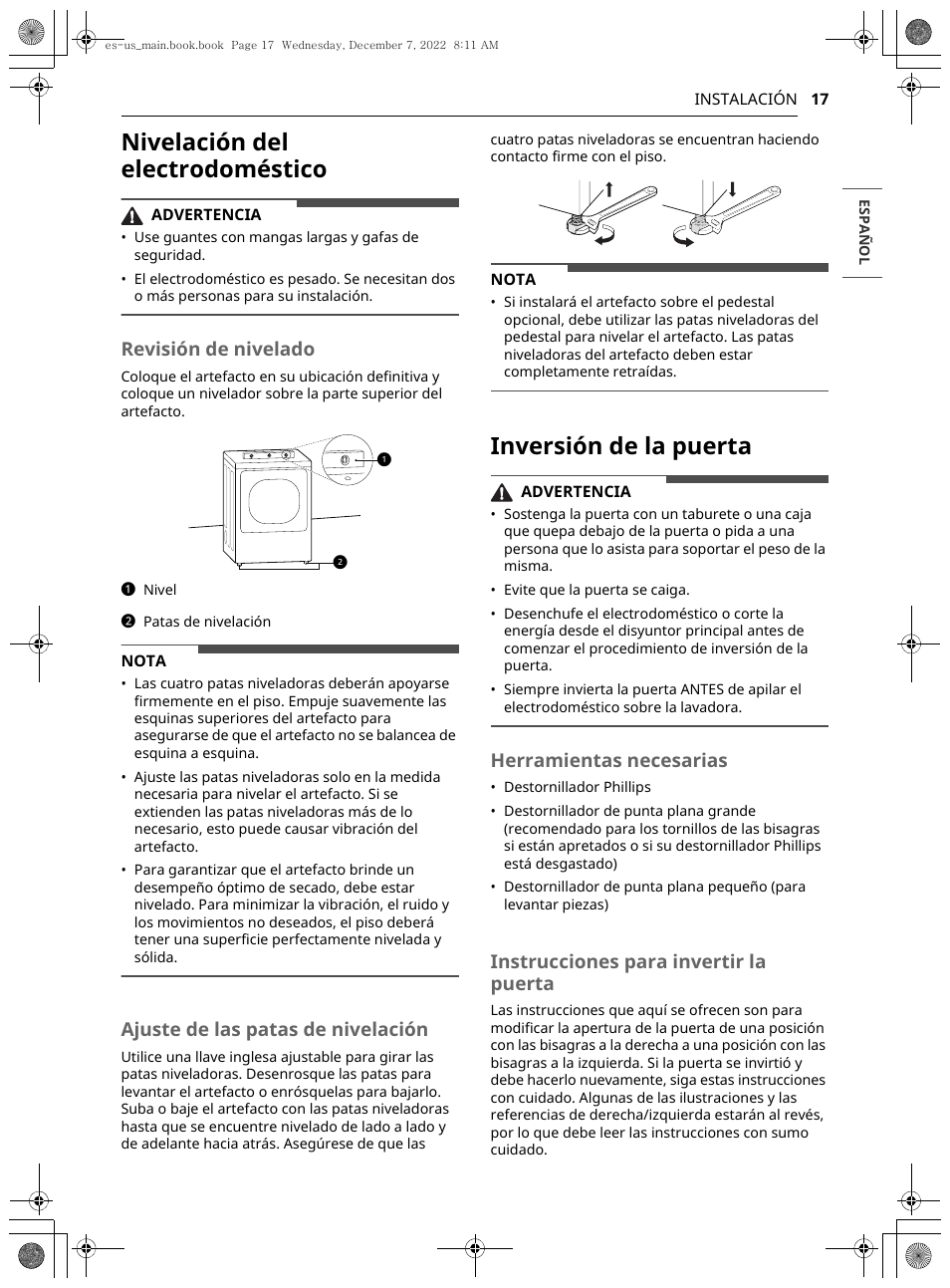 Nivelación del electrodoméstico, Inversión de la puerta, Revisión de nivelado | Ajuste de las patas de nivelación, Herramientas necesarias, Instrucciones para invertir la puerta | LG 27 Inch Electric Smart Dryer Owners Guide User Manual | Page 79 / 132