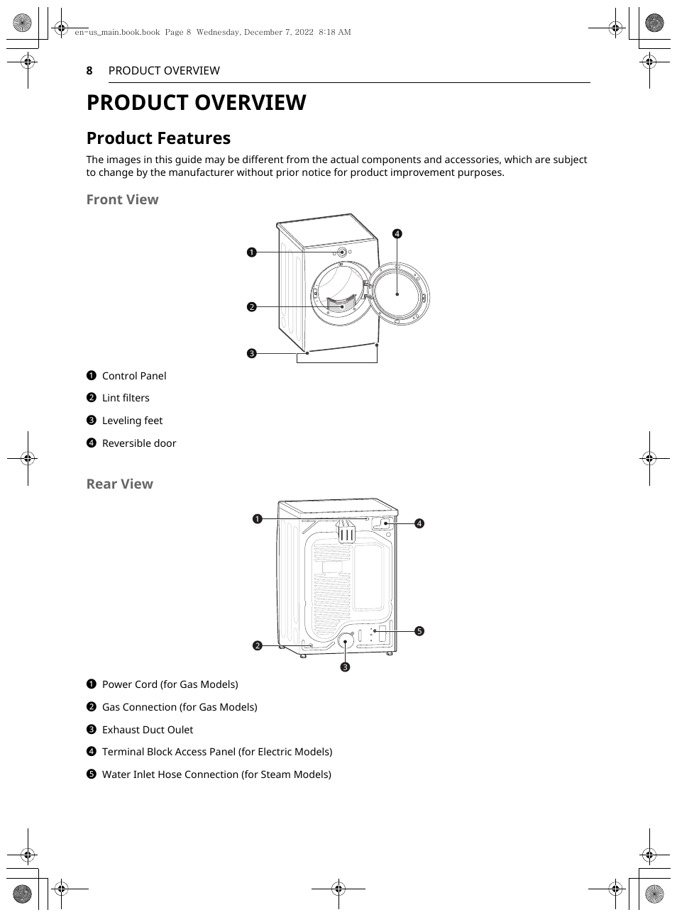 Product overview, Product features | LG 27 Inch Electric Smart Dryer Owners Guide User Manual | Page 8 / 132