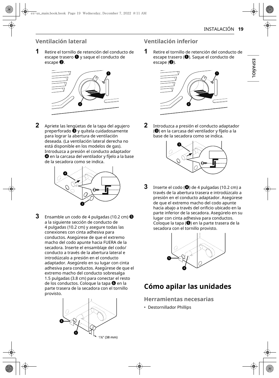 Cómo apilar las unidades, Ventilación lateral, Ventilación inferior | Herramientas necesarias | LG 27 Inch Electric Smart Dryer Owners Guide User Manual | Page 81 / 132
