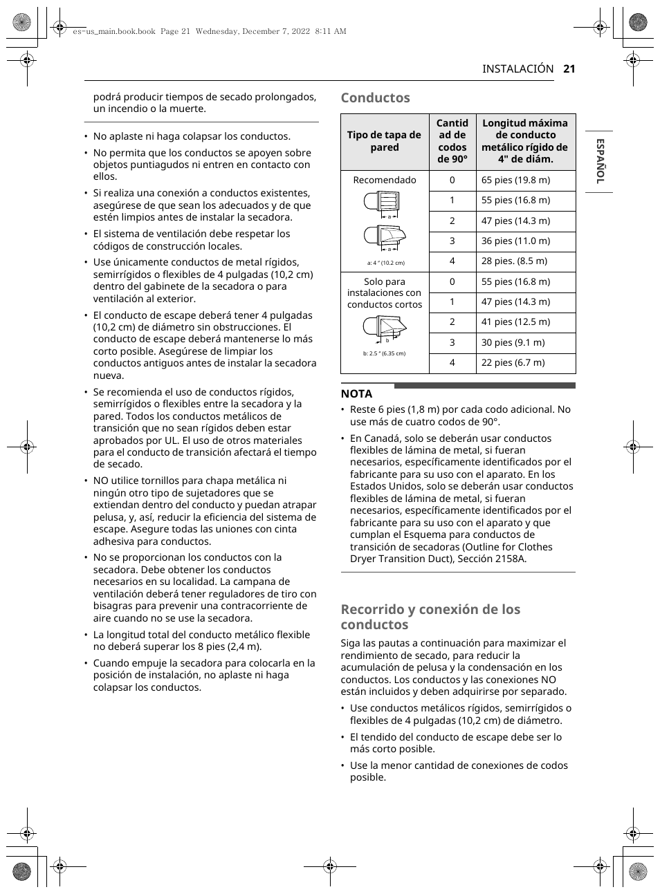 Conductos, Recorrido y conexión de los conductos | LG 27 Inch Electric Smart Dryer Owners Guide User Manual | Page 83 / 132