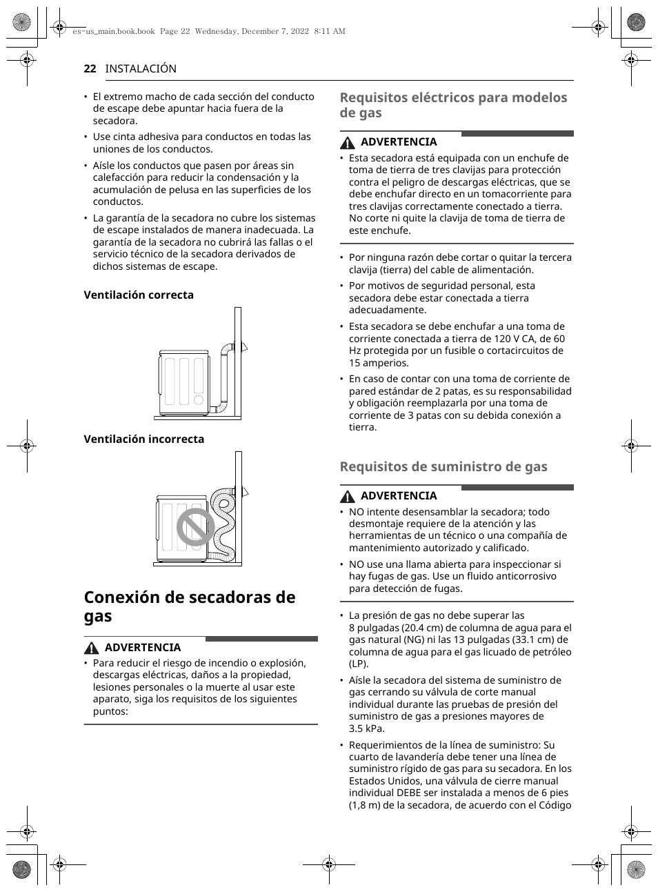 Conexión de secadoras de gas, Requisitos eléctricos para modelos de gas, Requisitos de suministro de gas | LG 27 Inch Electric Smart Dryer Owners Guide User Manual | Page 84 / 132
