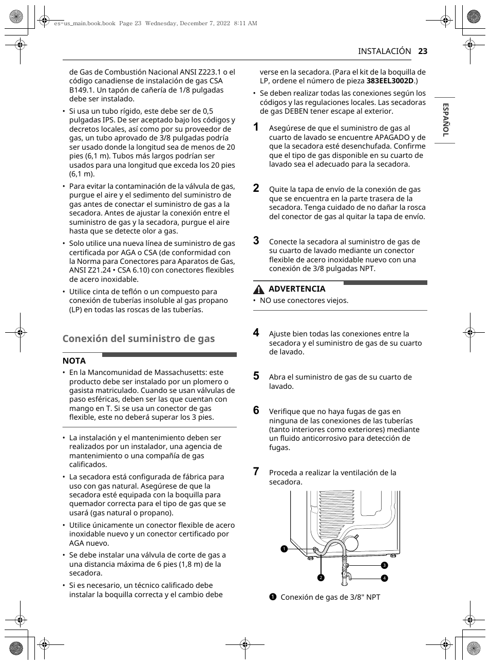 Conexión del suministro de gas | LG 27 Inch Electric Smart Dryer Owners Guide User Manual | Page 85 / 132