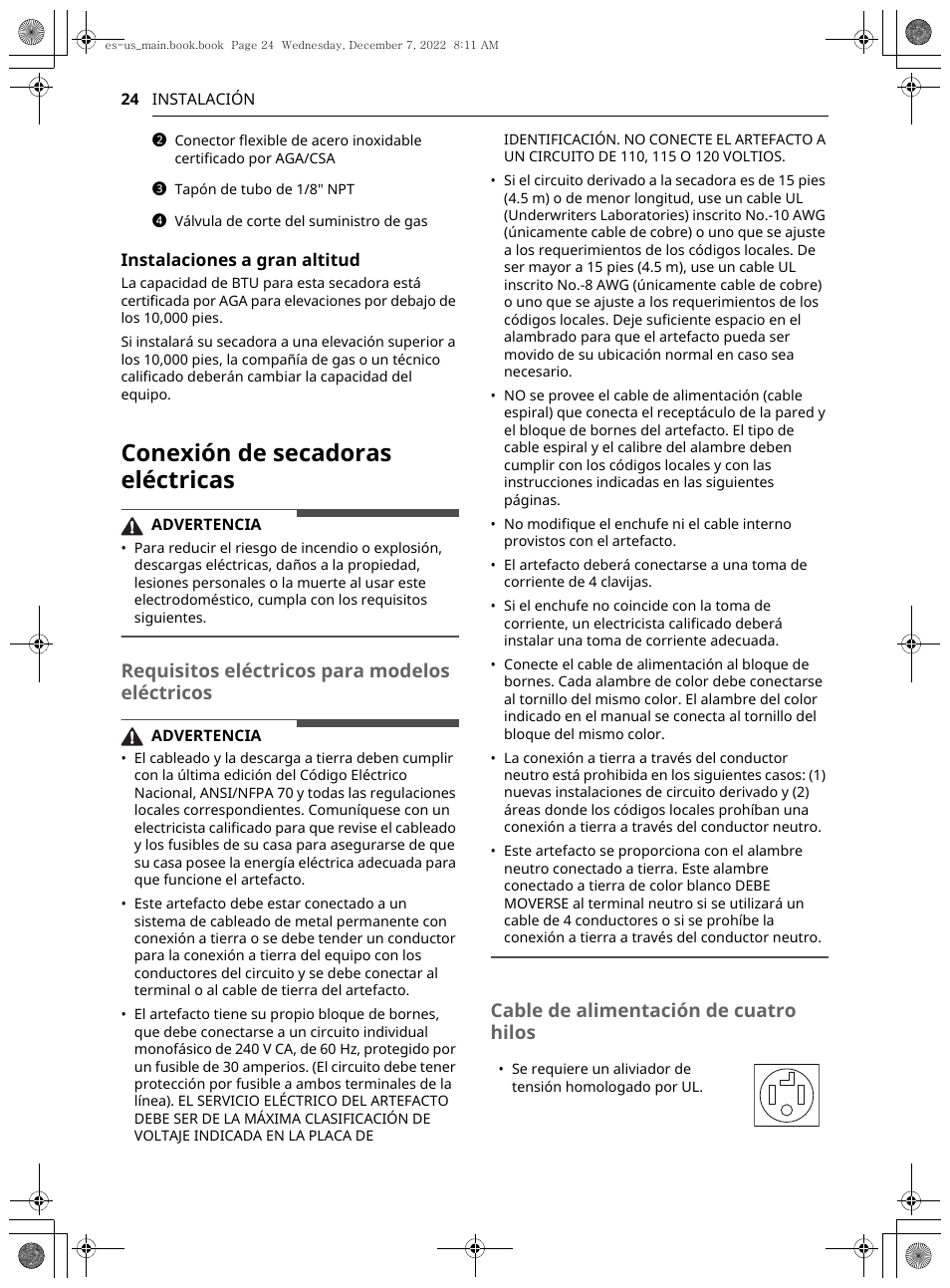 Conexión de secadoras eléctricas, Requisitos eléctricos para modelos eléctricos, Cable de alimentación de cuatro hilos | LG 27 Inch Electric Smart Dryer Owners Guide User Manual | Page 86 / 132