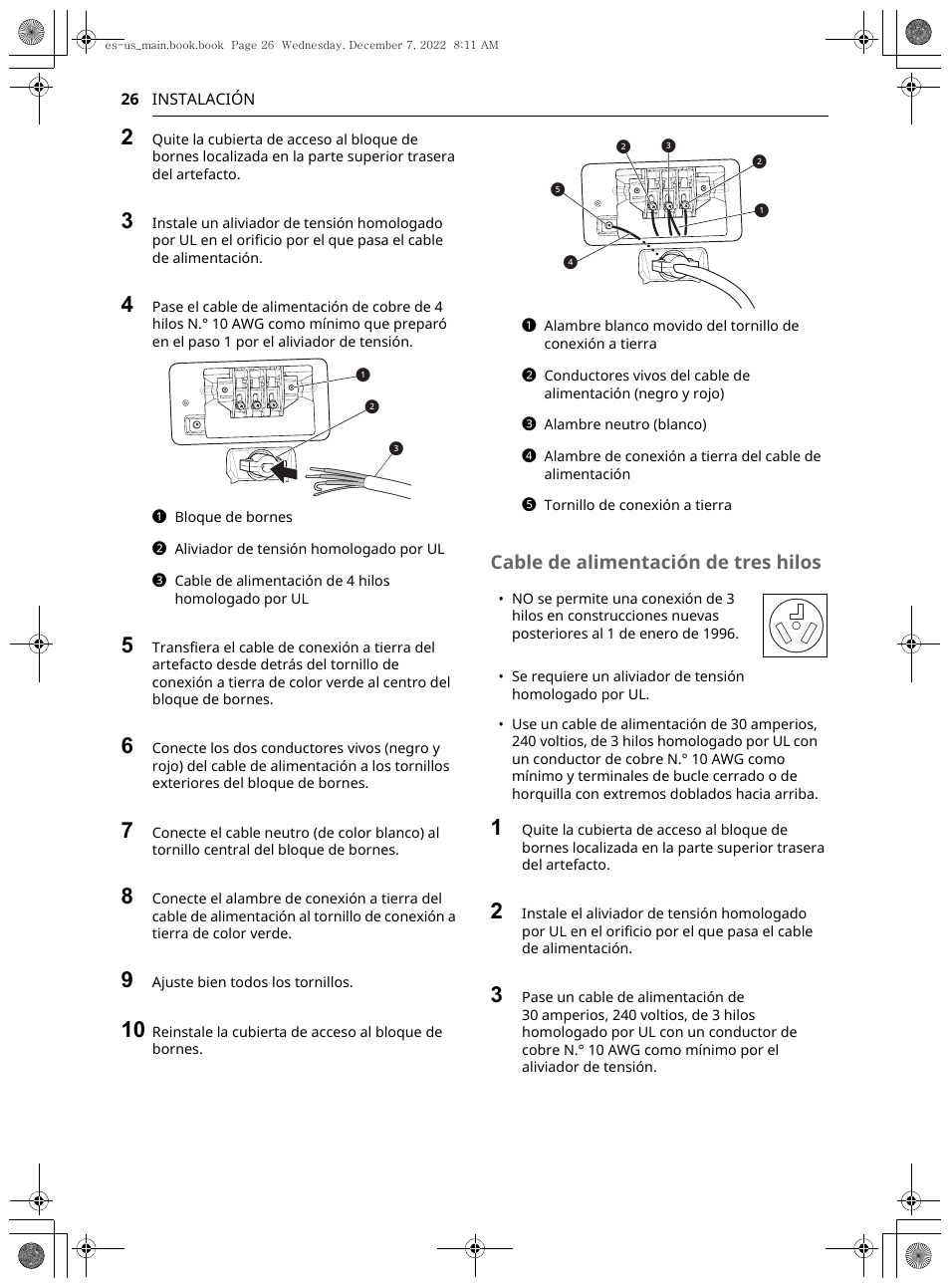 Cable de alimentación de tres hilos | LG 27 Inch Electric Smart Dryer Owners Guide User Manual | Page 88 / 132
