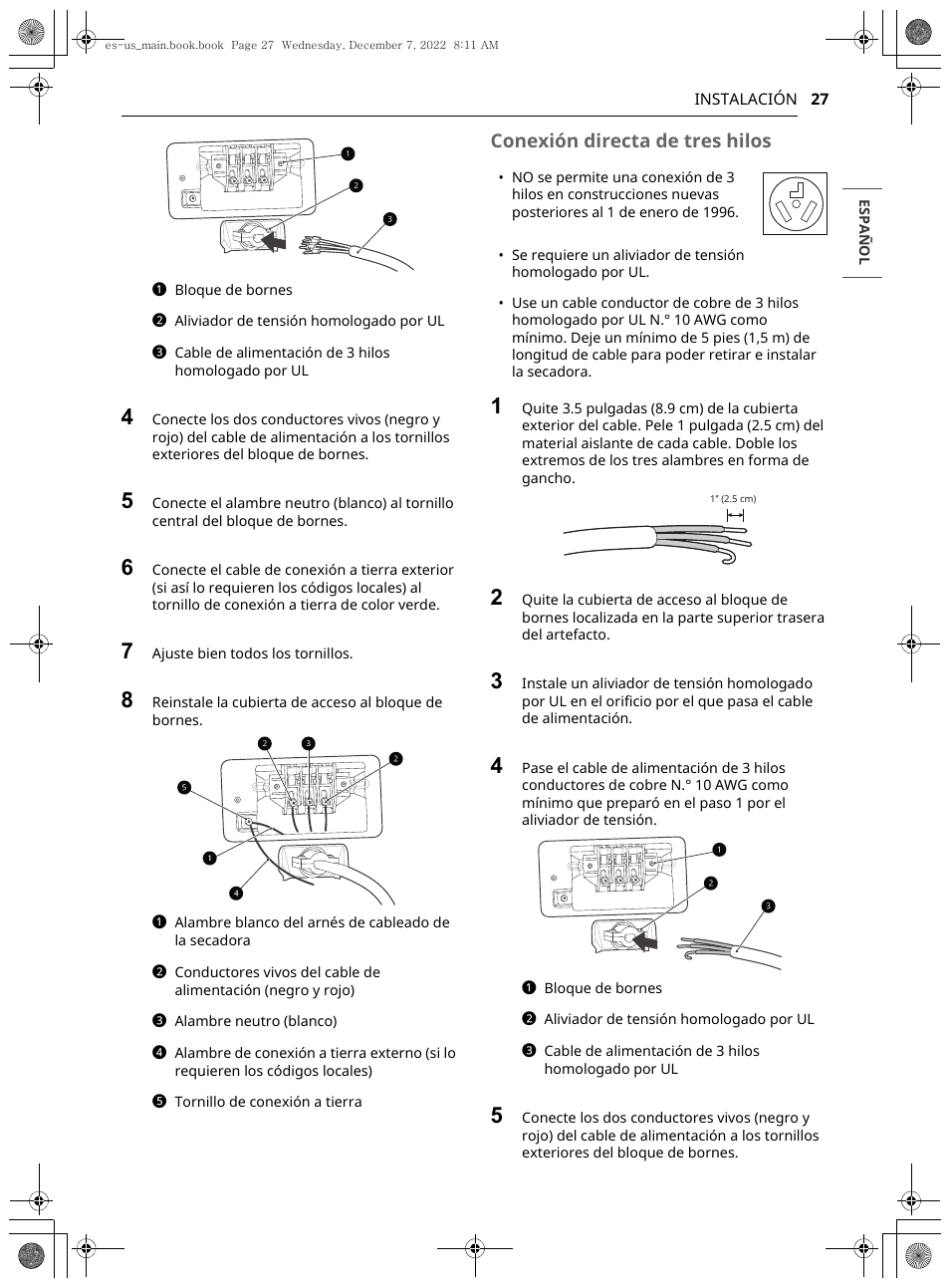 Conexión directa de tres hilos | LG 27 Inch Electric Smart Dryer Owners Guide User Manual | Page 89 / 132