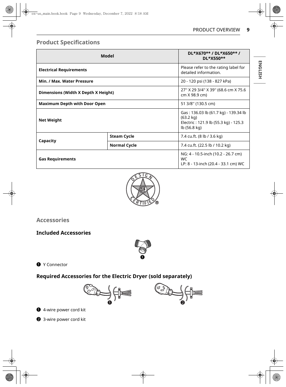 Product specifications accessories | LG 27 Inch Electric Smart Dryer Owners Guide User Manual | Page 9 / 132