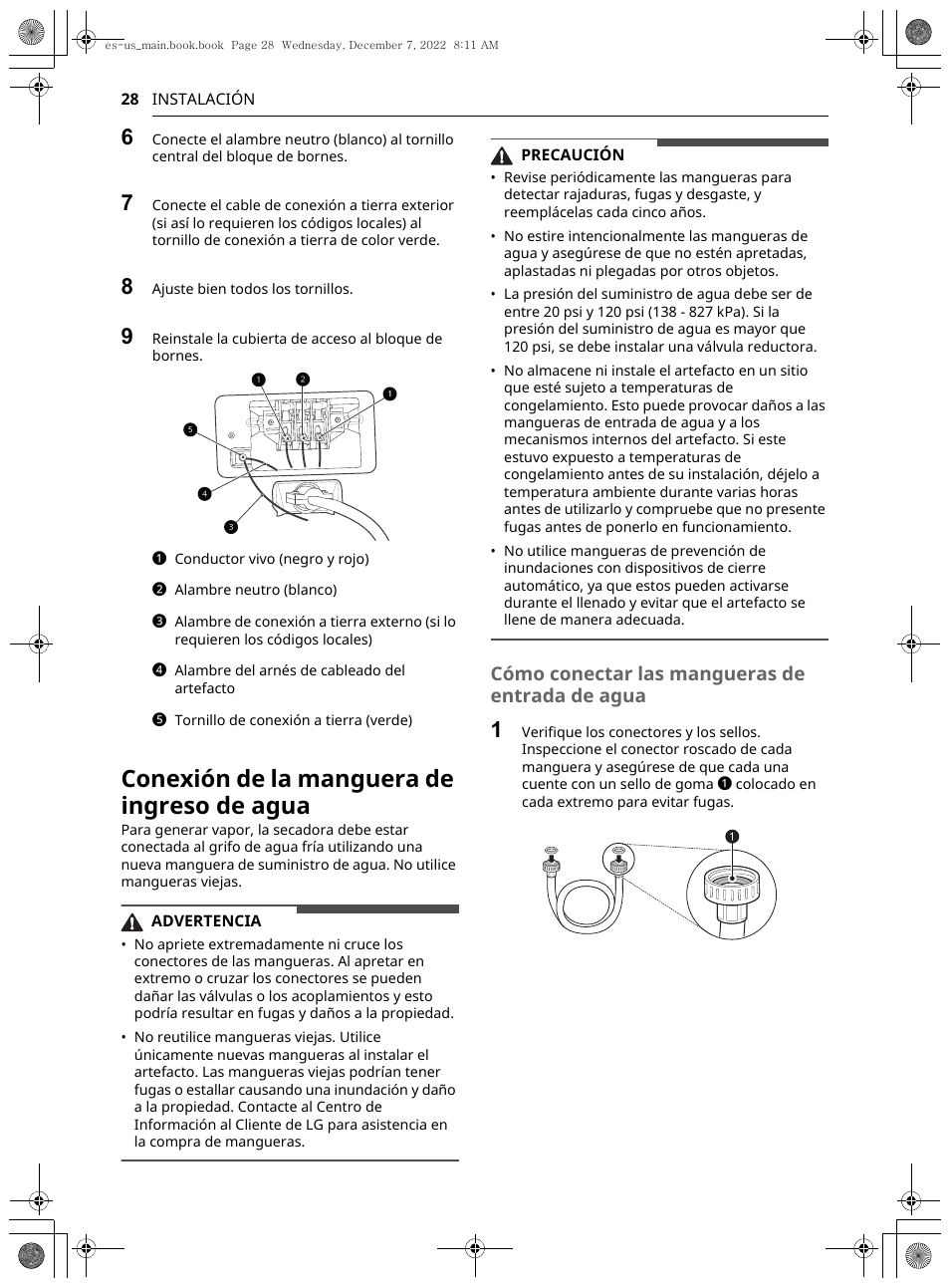 Conexión de la manguera de ingreso de agua, Cómo conectar las mangueras de entrada de agua | LG 27 Inch Electric Smart Dryer Owners Guide User Manual | Page 90 / 132
