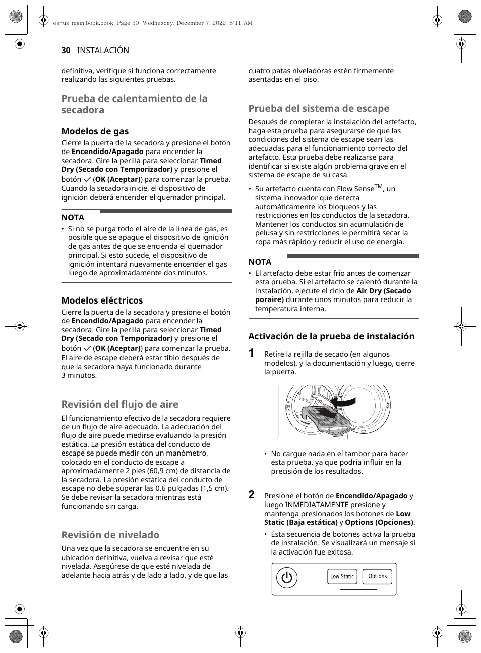 Prueba de calentamiento de la secadora, Revisión del flujo de aire, Revisión de nivelado | Prueba del sistema de escape | LG 27 Inch Electric Smart Dryer Owners Guide User Manual | Page 92 / 132
