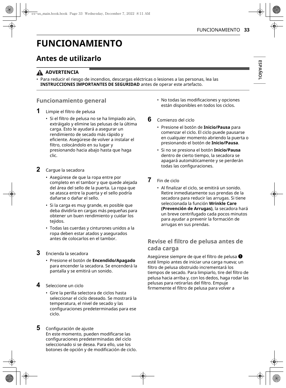 Funcionamiento, Antes de utilizarlo, Funcionamiento general | Revise el filtro de pelusa antes de cada carga | LG 27 Inch Electric Smart Dryer Owners Guide User Manual | Page 95 / 132